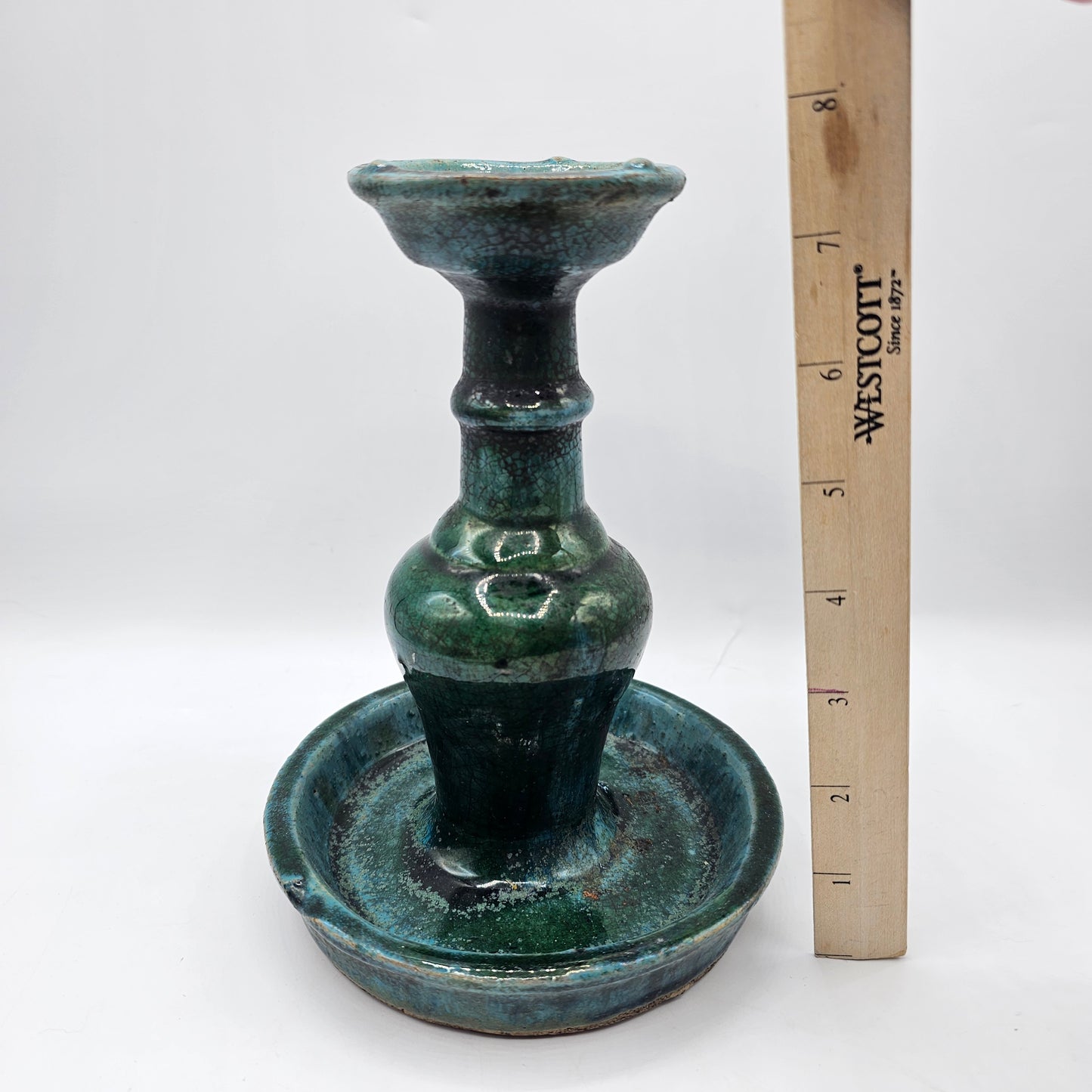 Vintage Green Glazed Stoneware Pillar Candlestick with Moat