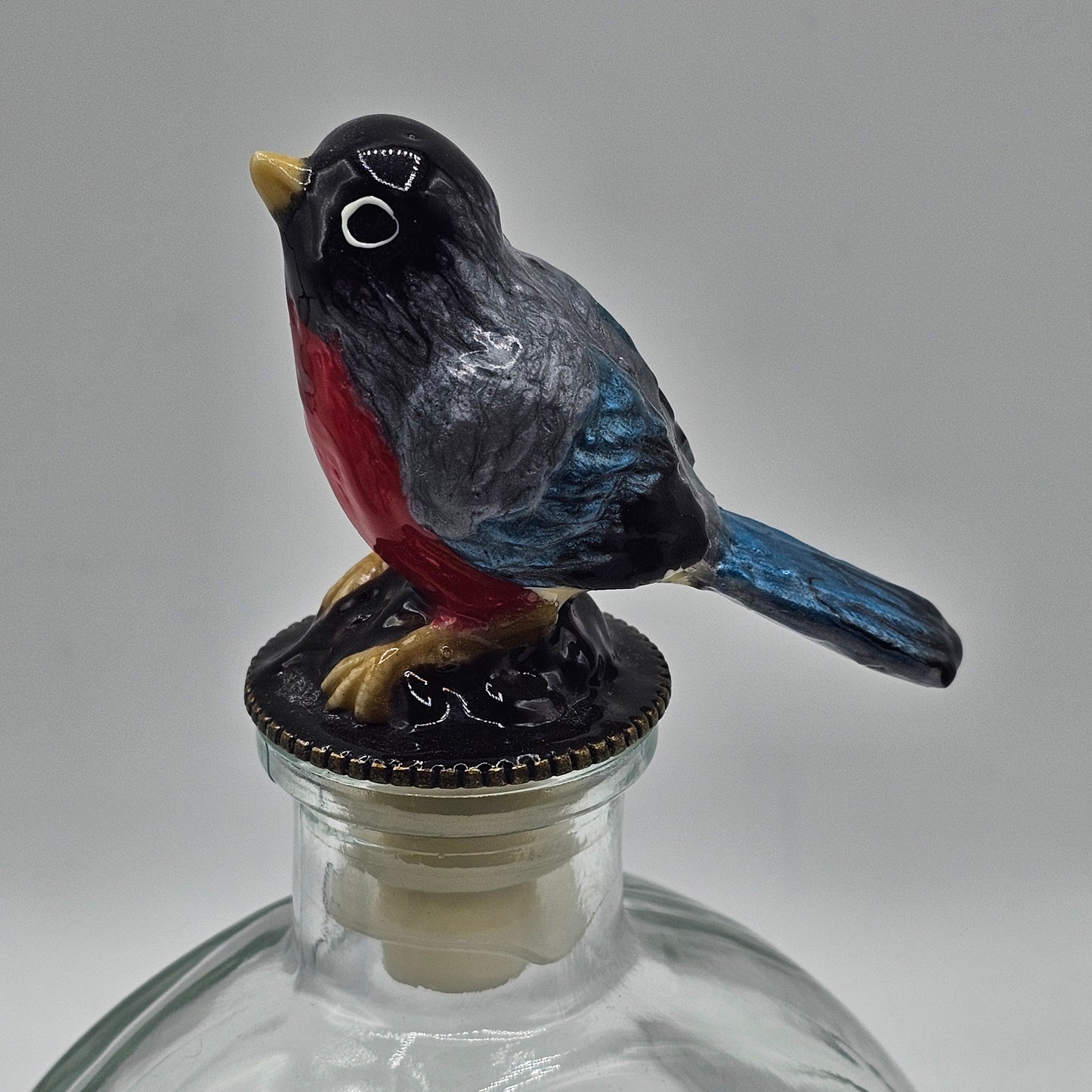 Glass Bottle with Hand Painted Ceramic Bird Stopper