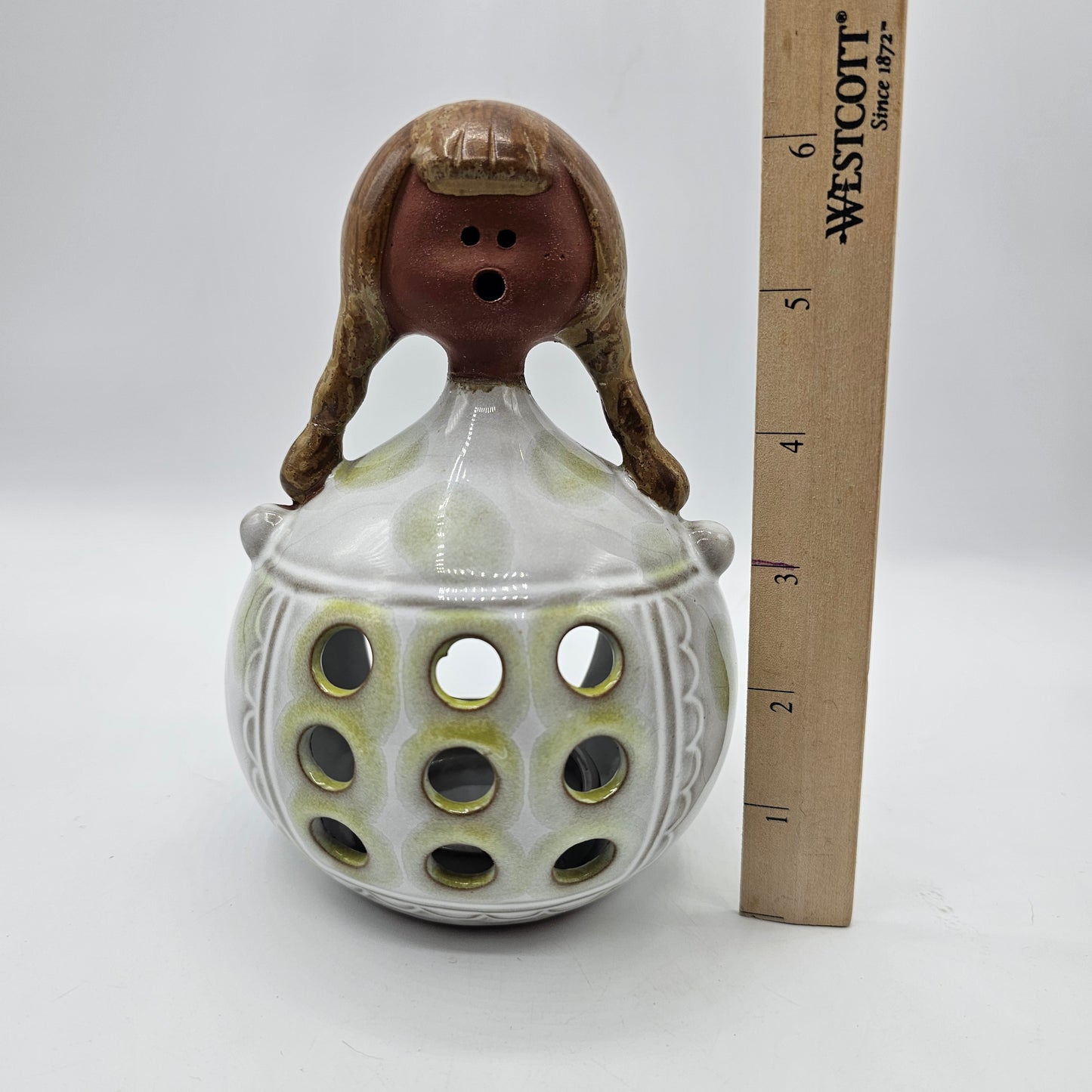 Vintage Scandinavian pottery candle holder 1970s girl with green dots glaze