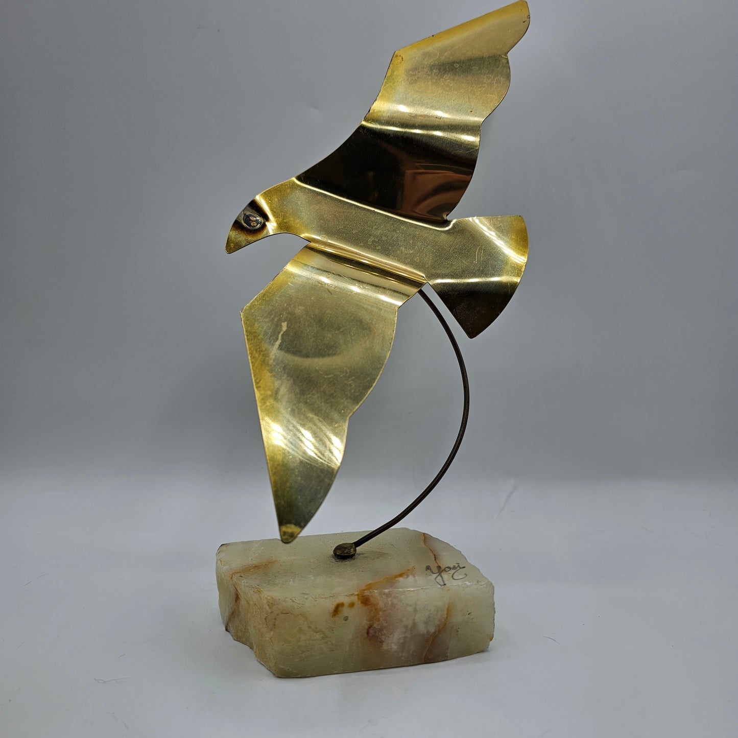 Vintage Artisan Brass Bird on Agate Stone Stand - Signed Yosi