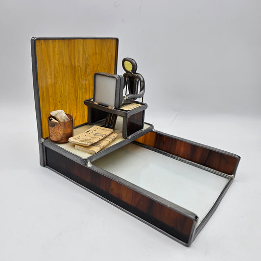 Vintage Carl Goeller Salesman / Stockbroker Sculptural Stained and Leaded Glass Letter Tray Desk Caddy