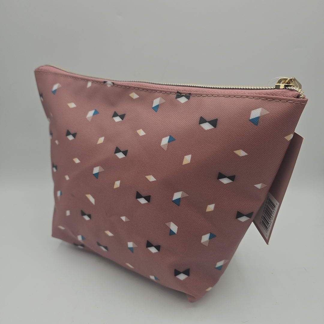 Sonia Kashuk Dusty Pink Boat Clutch - Zip Up Cosmetic Bag with Geometric Triangles Pattern