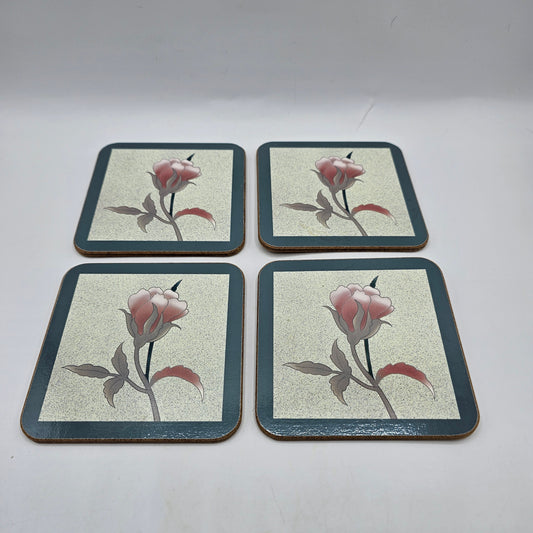 Vintage Pink Silk Flower Cork Backed Coasters - Set of 4