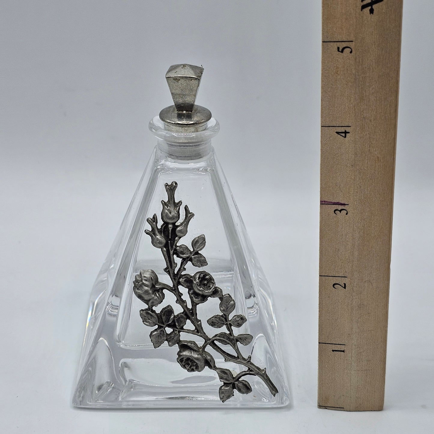 Vintage Glass Pyramid Perfume Bottle with Applied Pewter Flowers