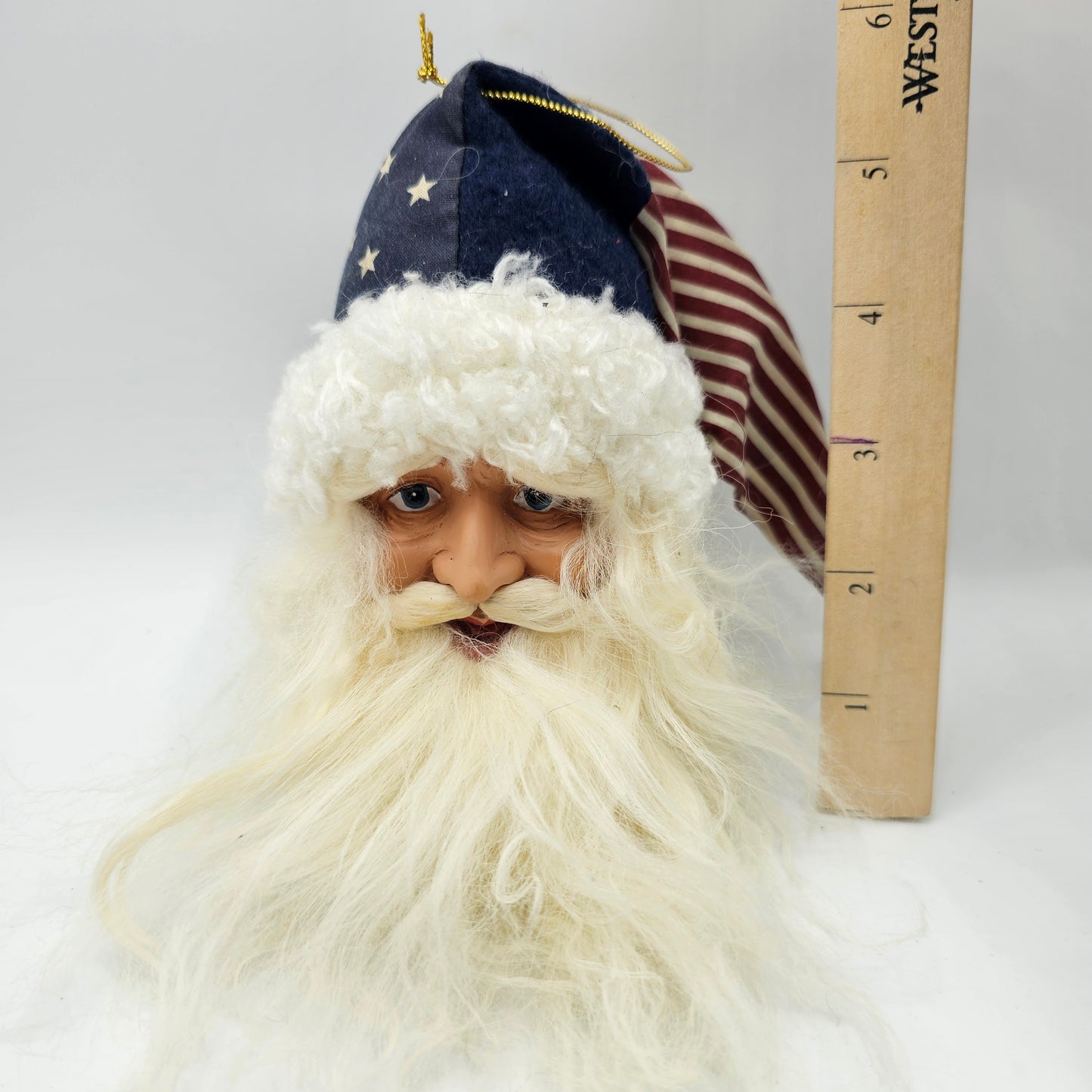 Patriotic Santa Head Christmas Tree Ornament with Flag Hat and Jingle Bell