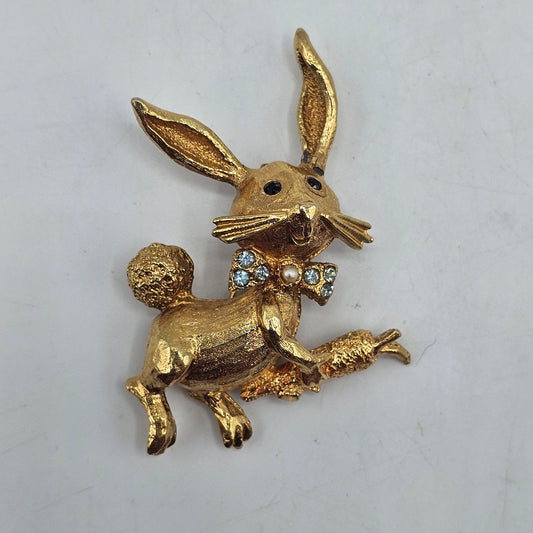 Bunny Rabbit with Carrot Pin Back Brooch - Gold Tone