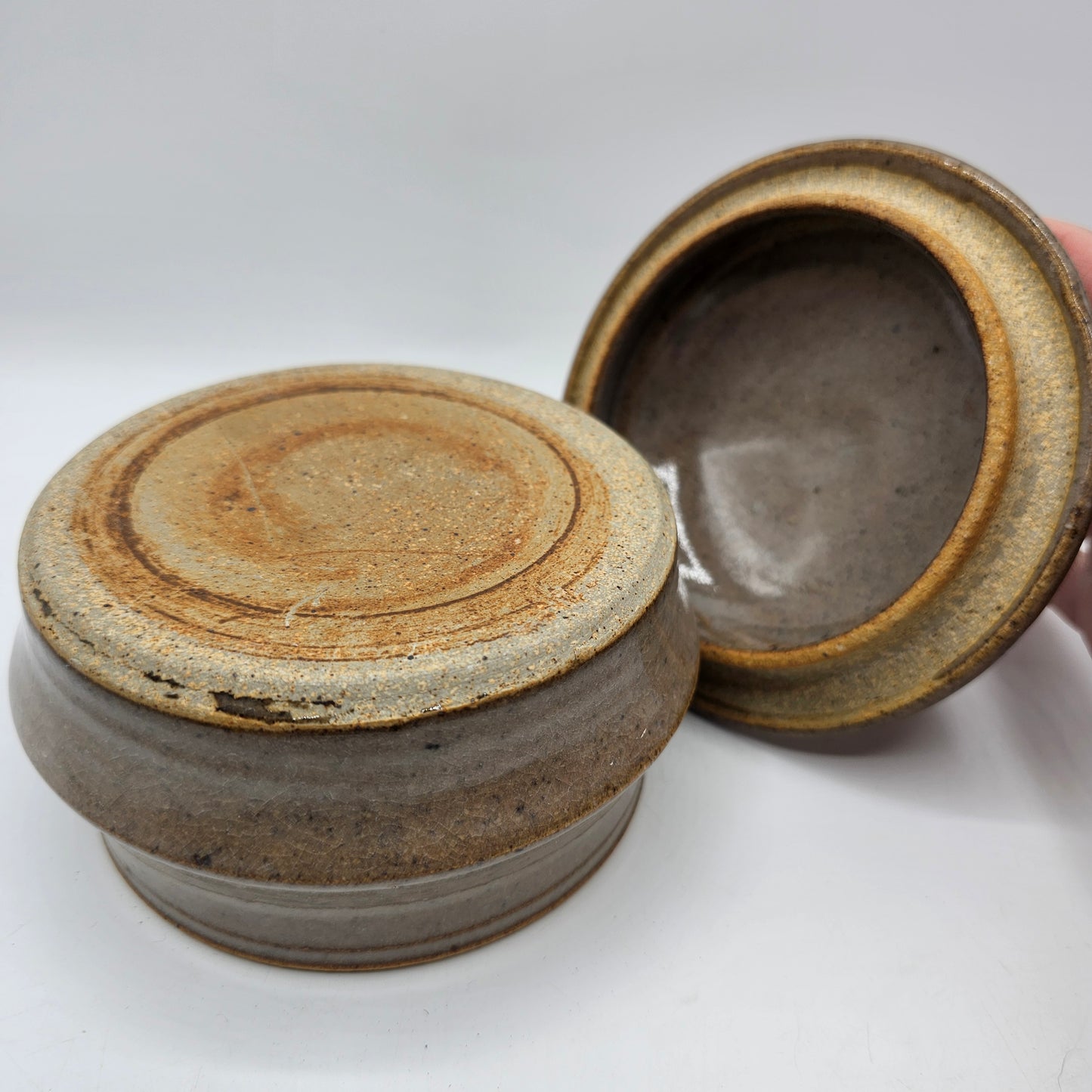 Art Pottery Lidded Jelly Jar or Honey Pot with Swirl Design and Spoon Cutout