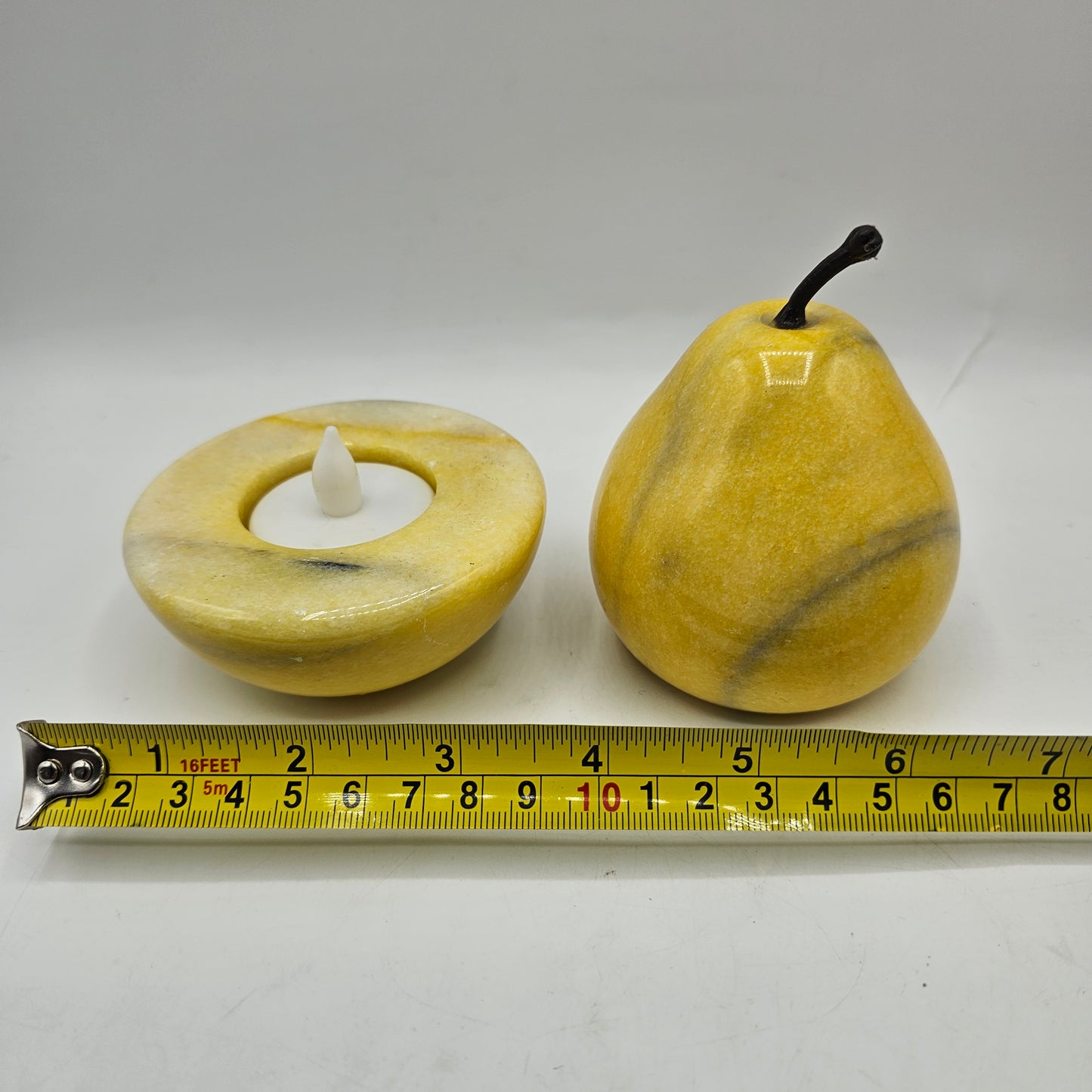 Yellow Alabaster Stone Pear and Tealight Candle Holder Set
