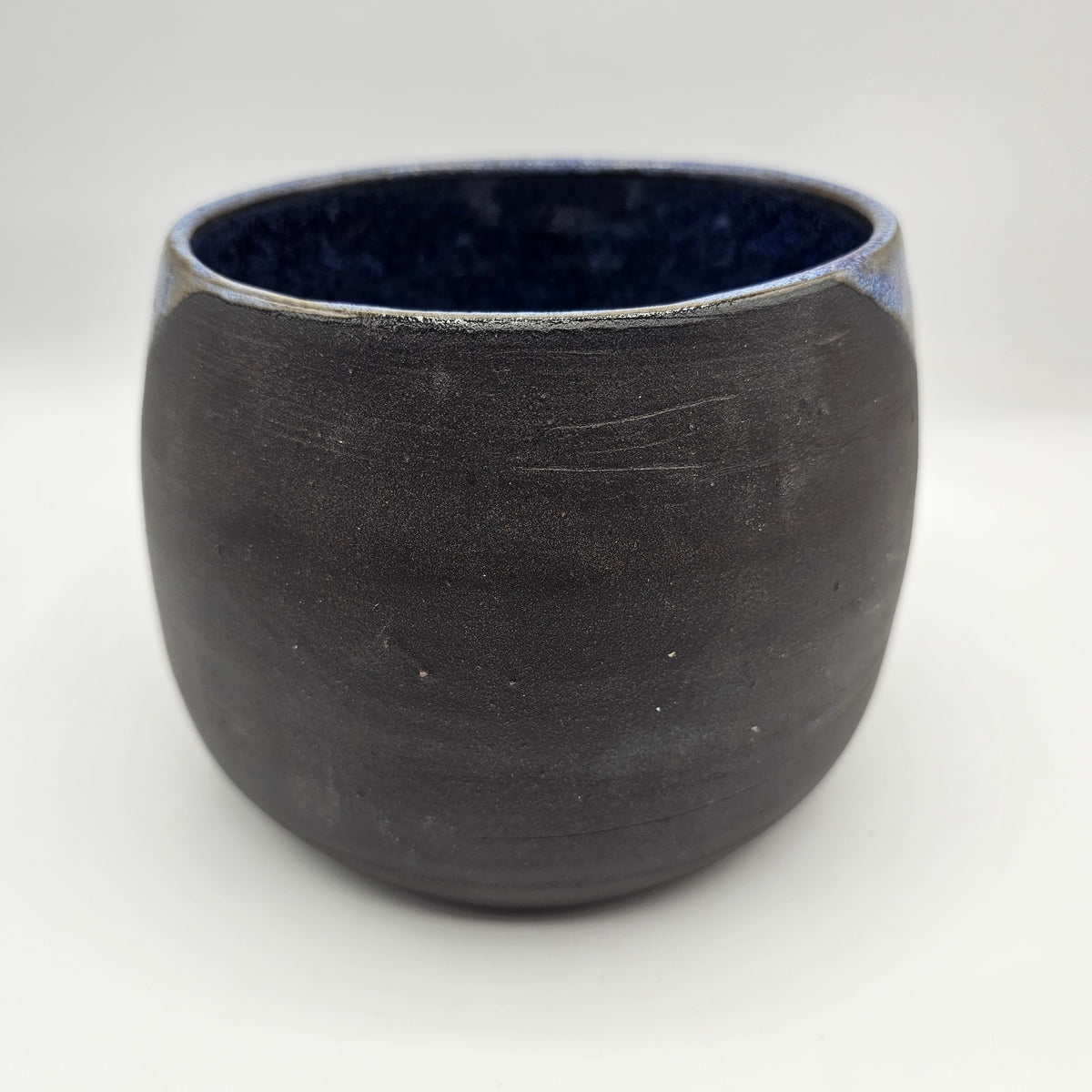 Artisan Pottery Diagonal Split Glazed Blue and Matte Black Ceramic Planter Pot - Signed