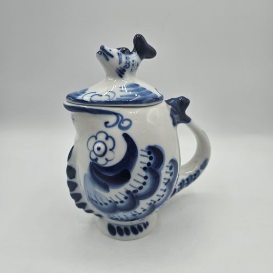 Vintage Russian Gzhel Blue and White Porcelain Lidded Creamer with Figural Fish