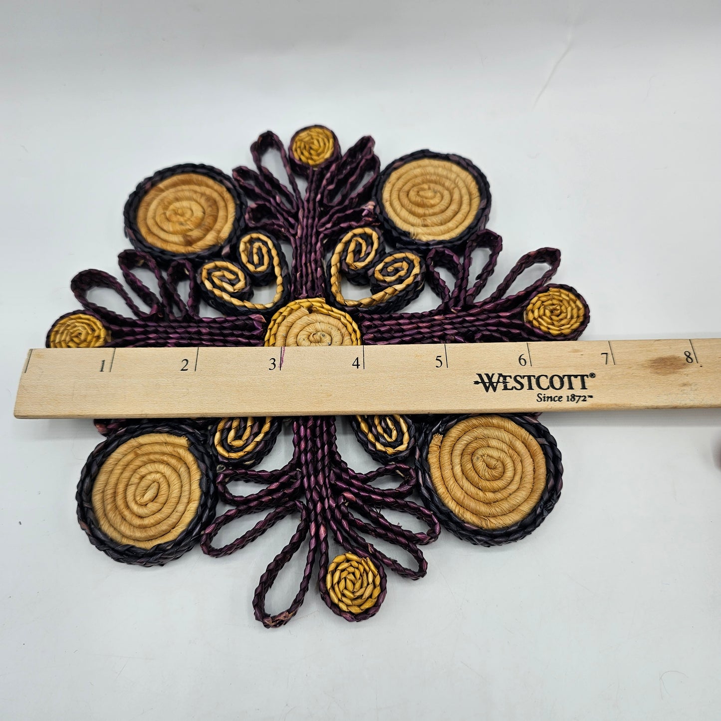 Vintage Woven Wicker Trivet - Purple with Hearts