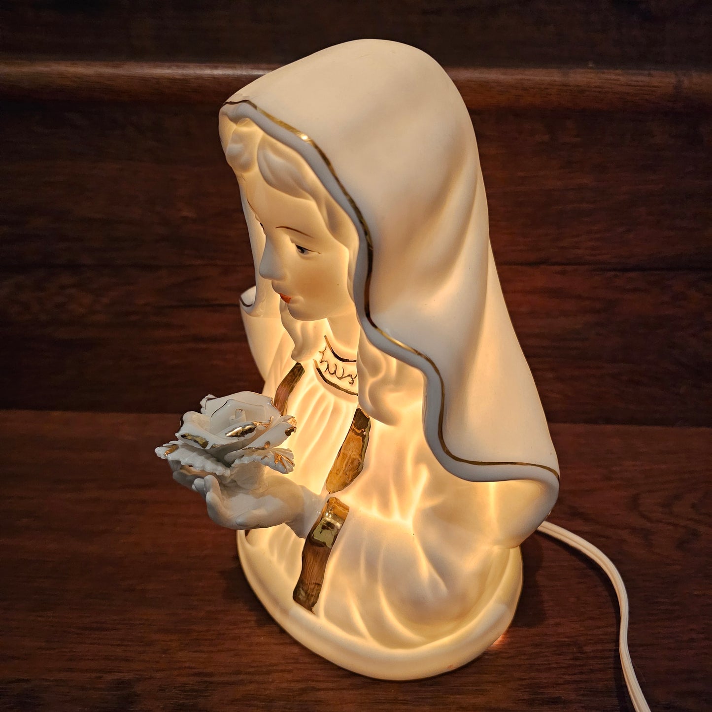 White Bisque Ceramic Virgin Mary Electric Plug In Night Light with Gold Accent Trim