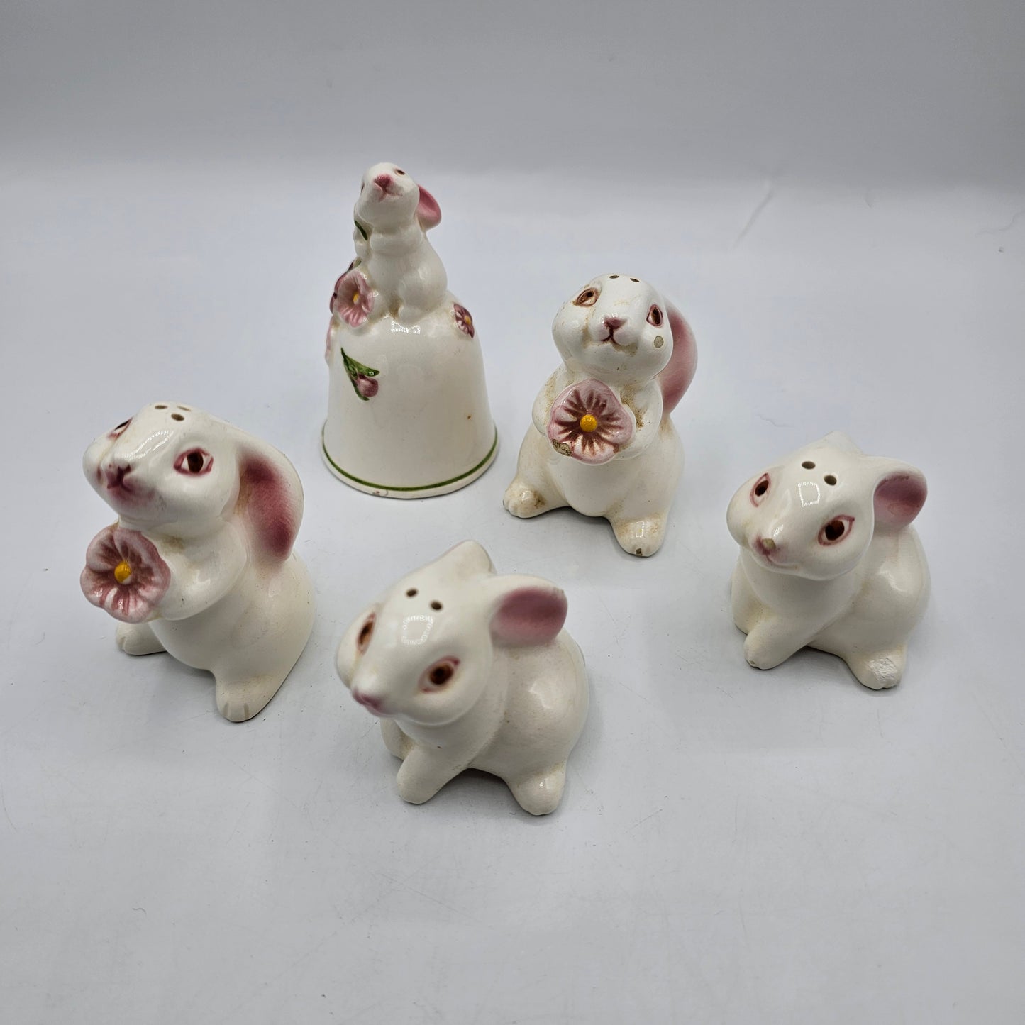 Vintage Avon 1980s Bunny Rabbit Salt and Pepper Shakers and Bell (minor chips noted)