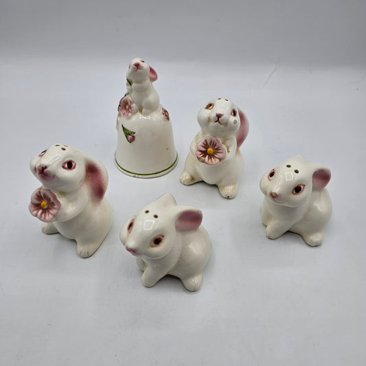 Vintage Avon 1980s Bunny Rabbit Salt and Pepper Shakers and Bell (minor chips noted)
