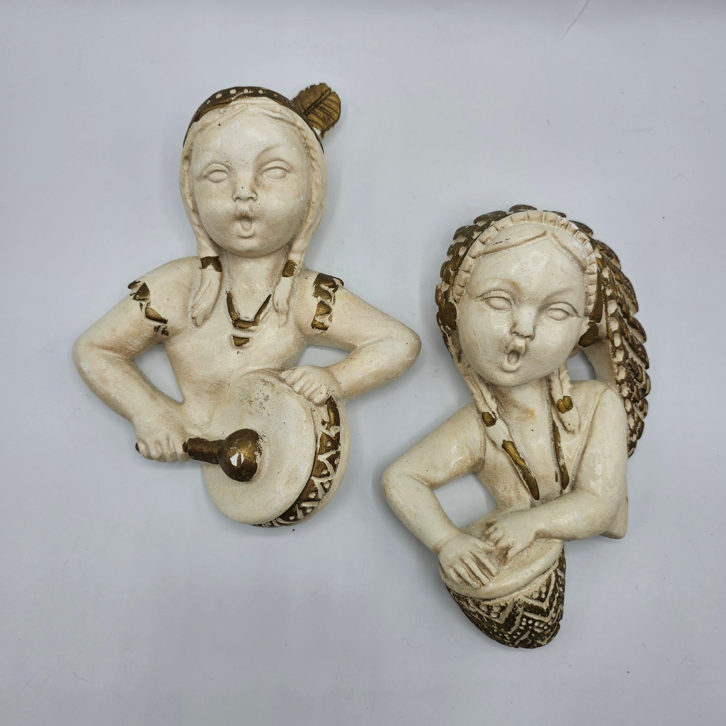 Native American Girls with Drums Chalkware Wall Hanging - Set of 2