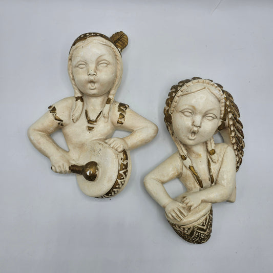 Native American Girls with Drums Chalkware Wall Hanging - Set of 2