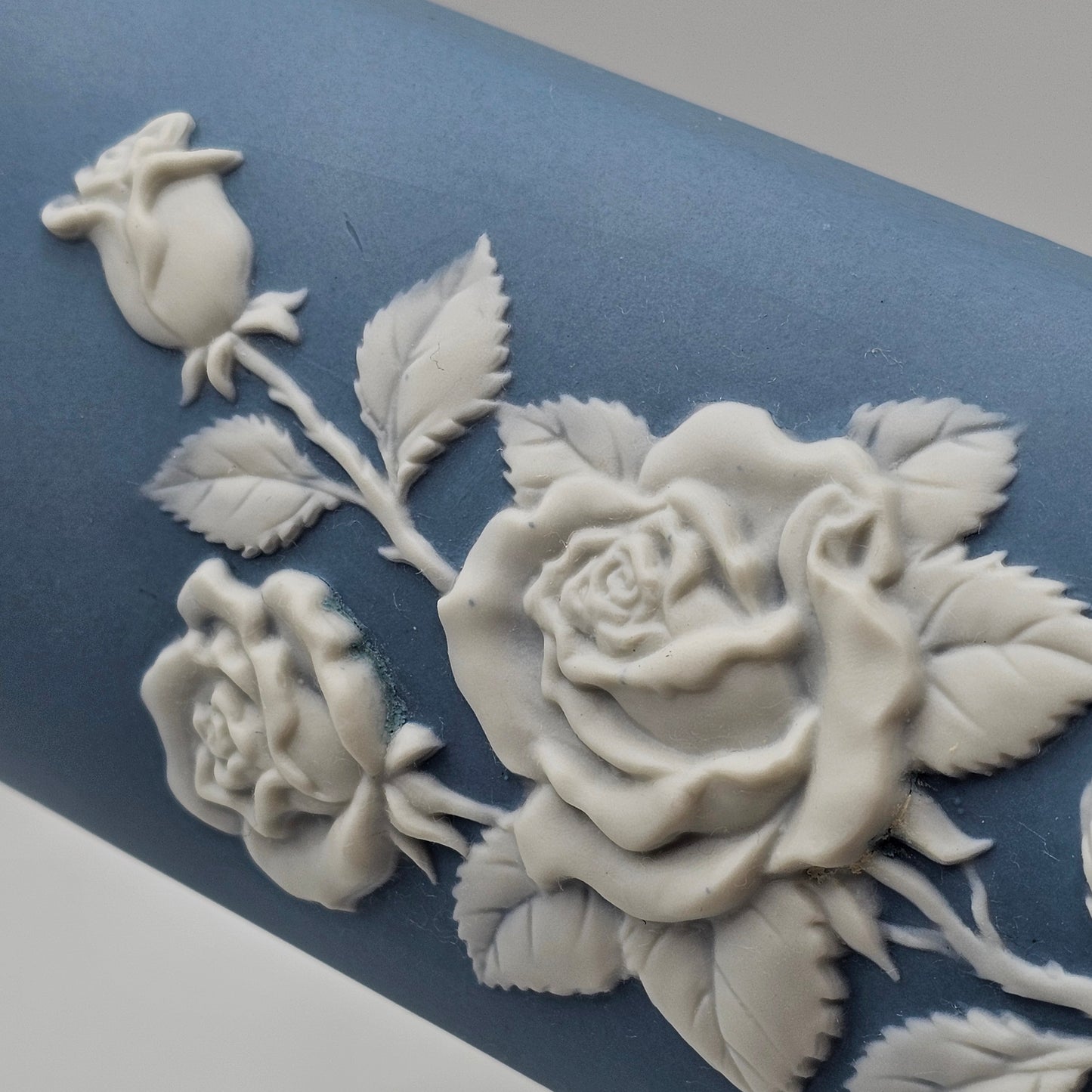 Wedgewood Jasperware Style Oval Blue Vase with Applied White Roses