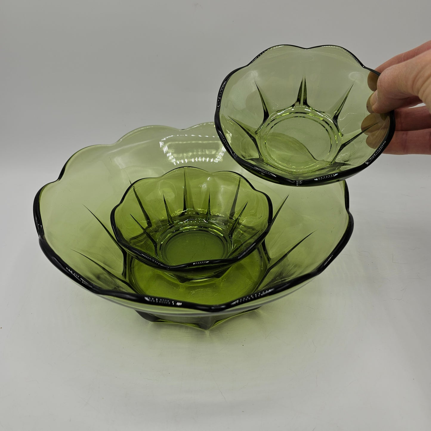Amber Hocking Green Glass Bowl Set - 1 Large, 2 Small