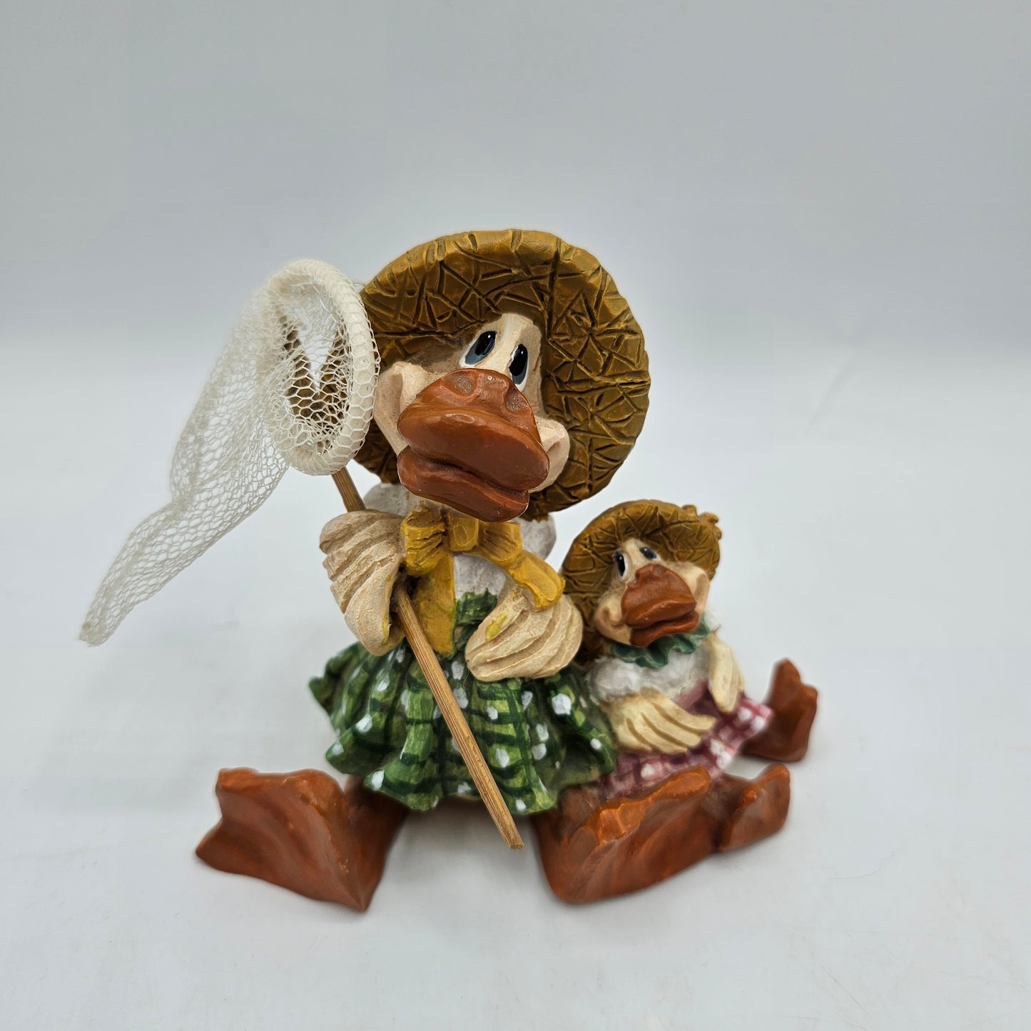 L'il Luvables Mama Duck and Duckling in Sunflower Straw Hats and Butterfly Net Figurine by Russ Berrie