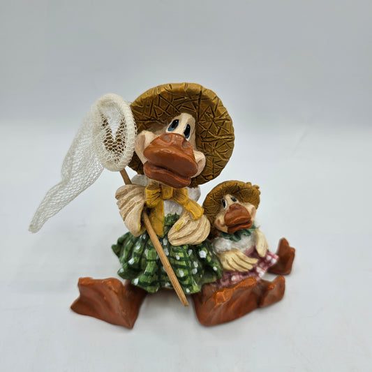 L'il Luvables Mama Duck and Duckling in Sunflower Straw Hats and Butterfly Net Figurine by Russ Berrie
