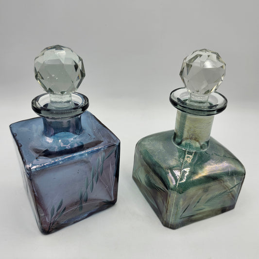 Etched Iridescent Glass Perfume Bottles with Ground Necks and Faceted Stoppers