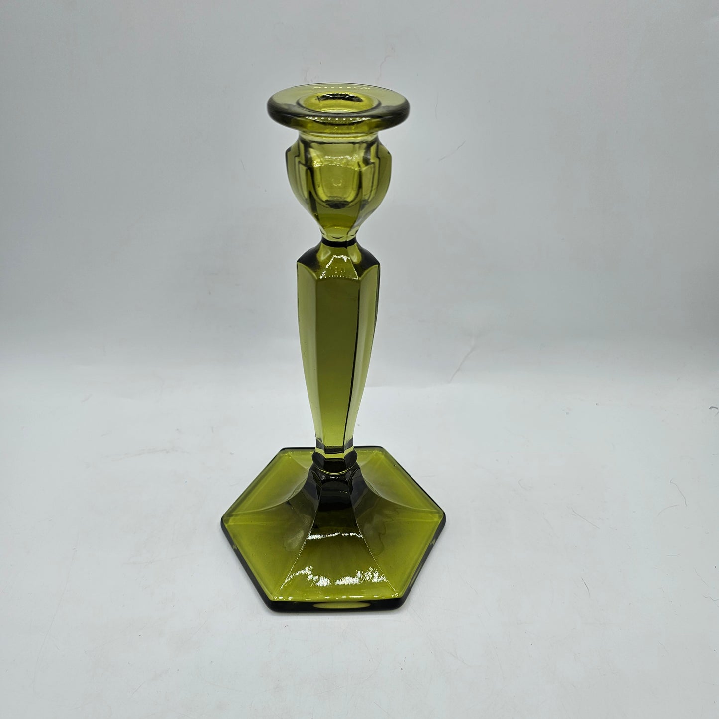 Vintage Fenton Avocado Green Glass Candlestick - 8.5" Tall