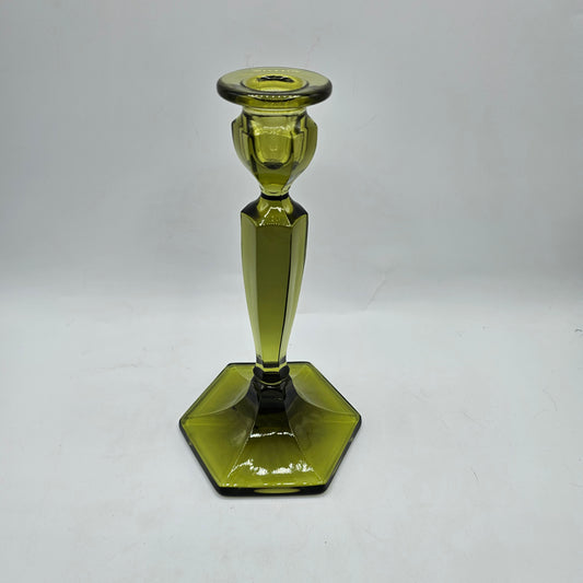 Vintage Fenton Avocado Green Glass Candlestick - 8.5" Tall