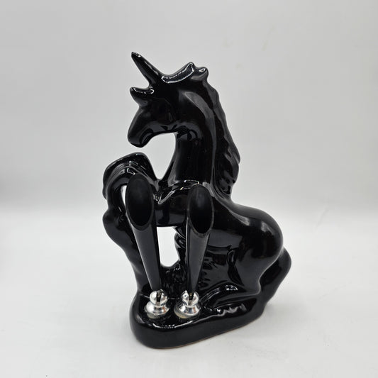 Vintage Glossy Black Ceramic Horse 2 Pen Holder / Desk Accessory