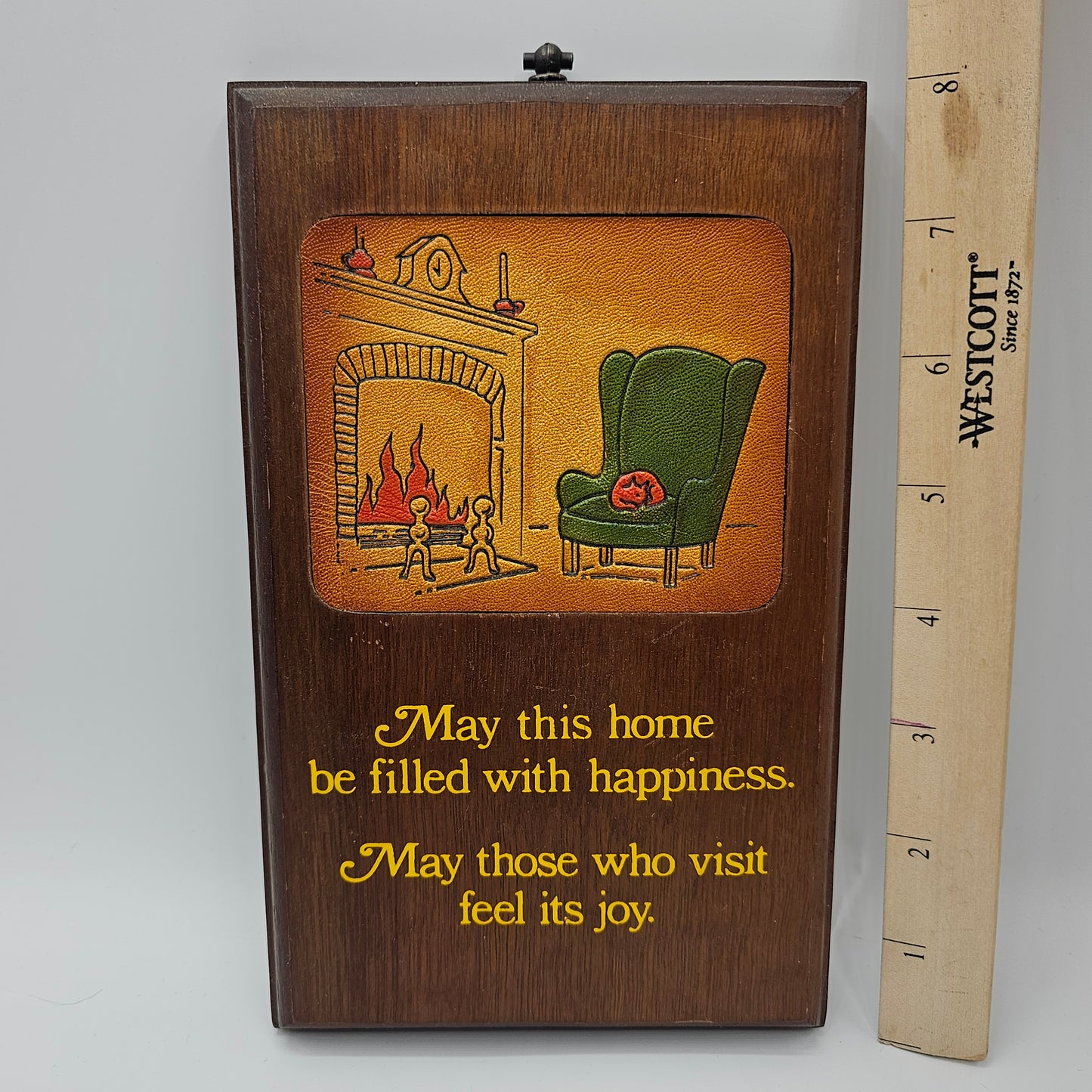 Vintage Inlaid Leather and Wood Wall Plaque