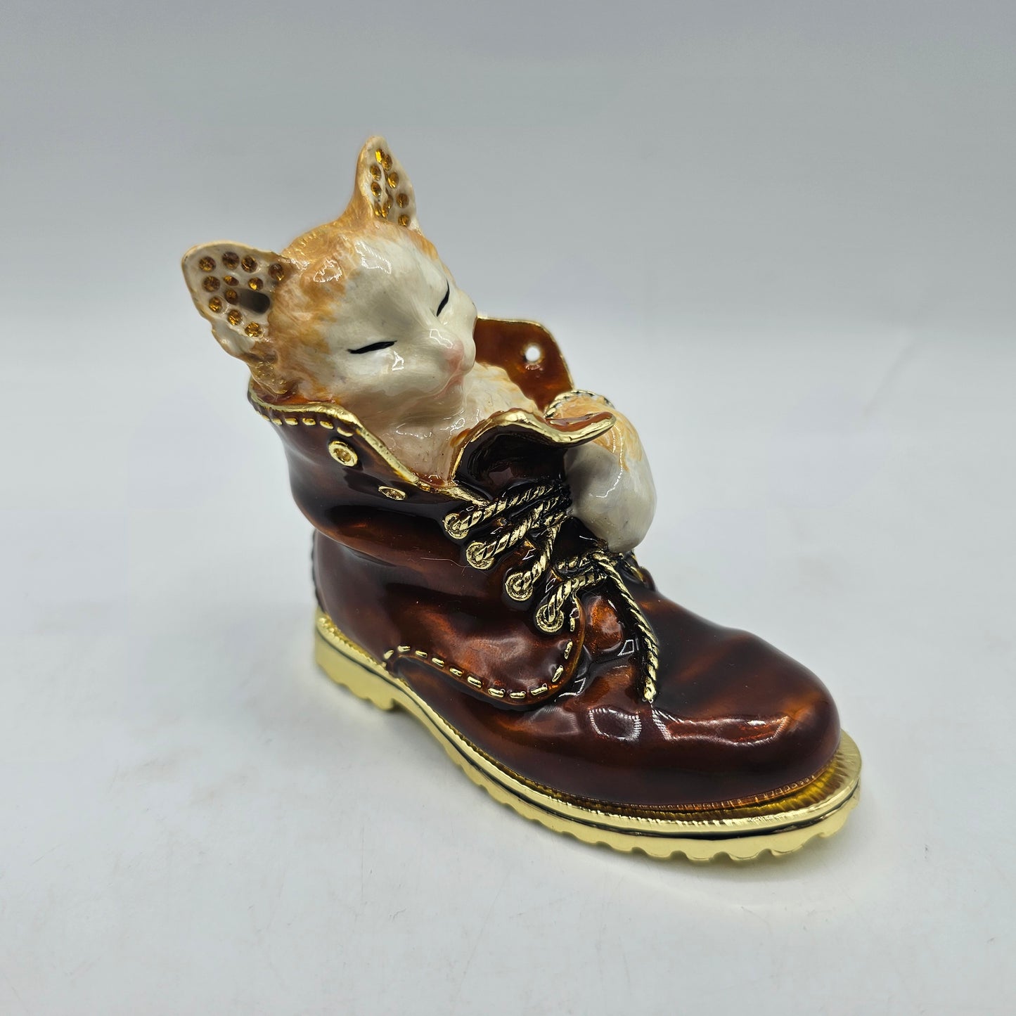 Sleepy Cat in Brown Boot Hinged Trinket Box by Keren Kopal, Limited Edition in Original Box