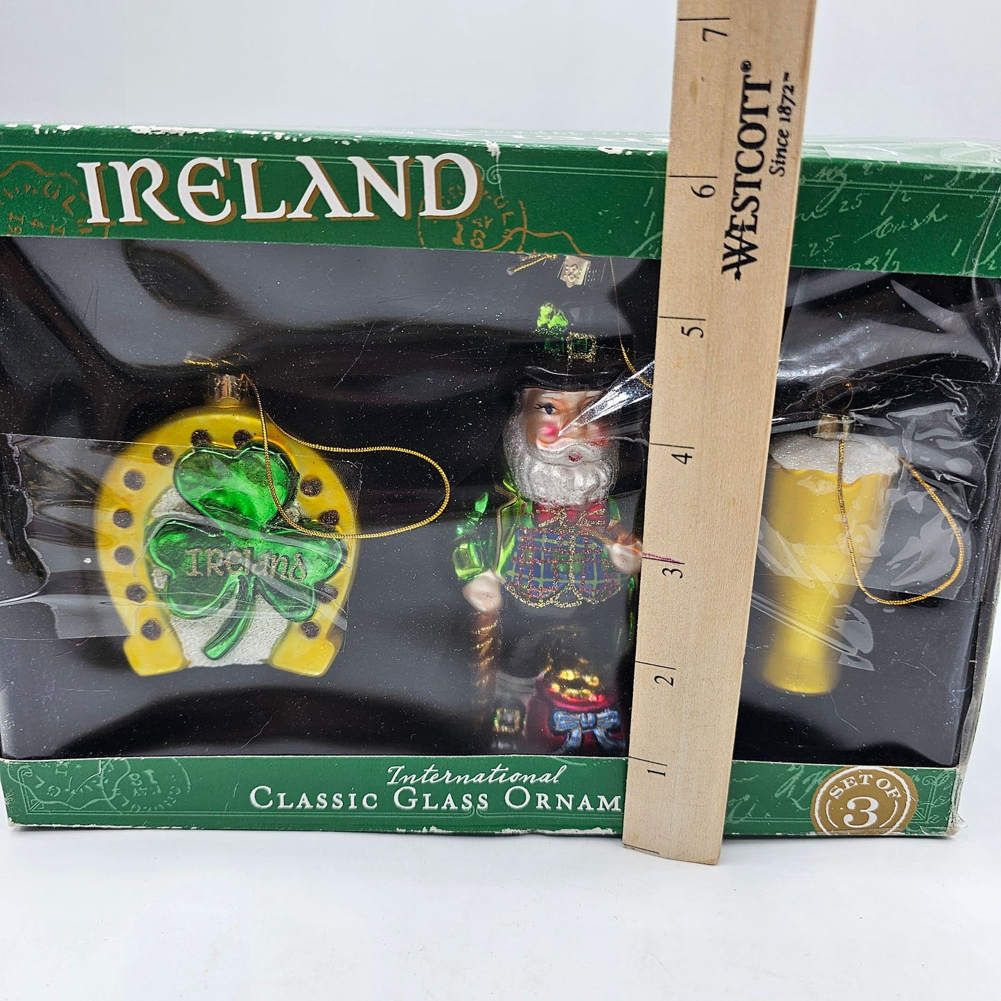 Irish Blown Glass Christmas Tree Ornaments in Original Box -  Shamrock, Leprechaun, Guinness - Set of 3