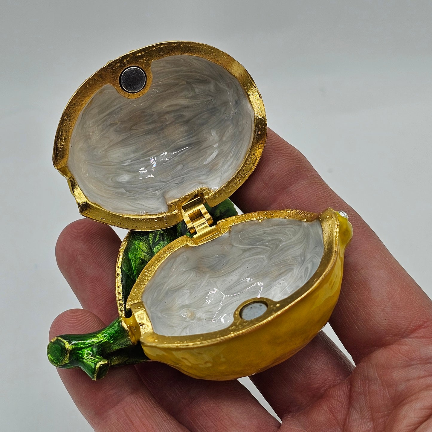 Lemon Enameled Metal Trinket Box with Hinged Lid