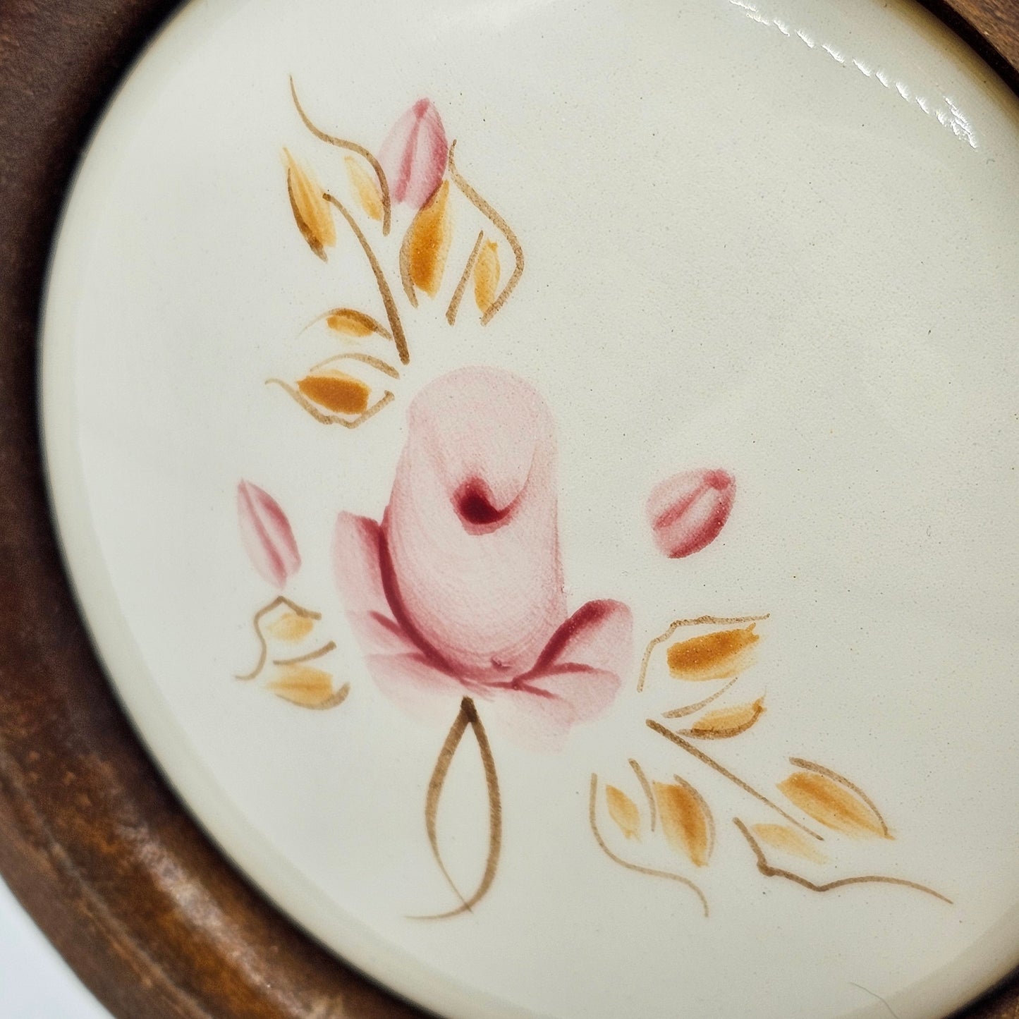 Vintage Pink Rose Ceramic Tile Hanging with Wood Frame - 5"