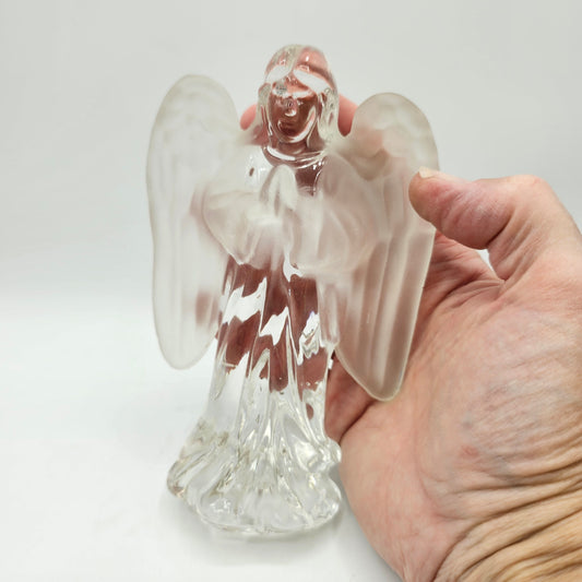 Clear Solid Glass Praying Angel Figurine with Frosted Satin Finish Wings