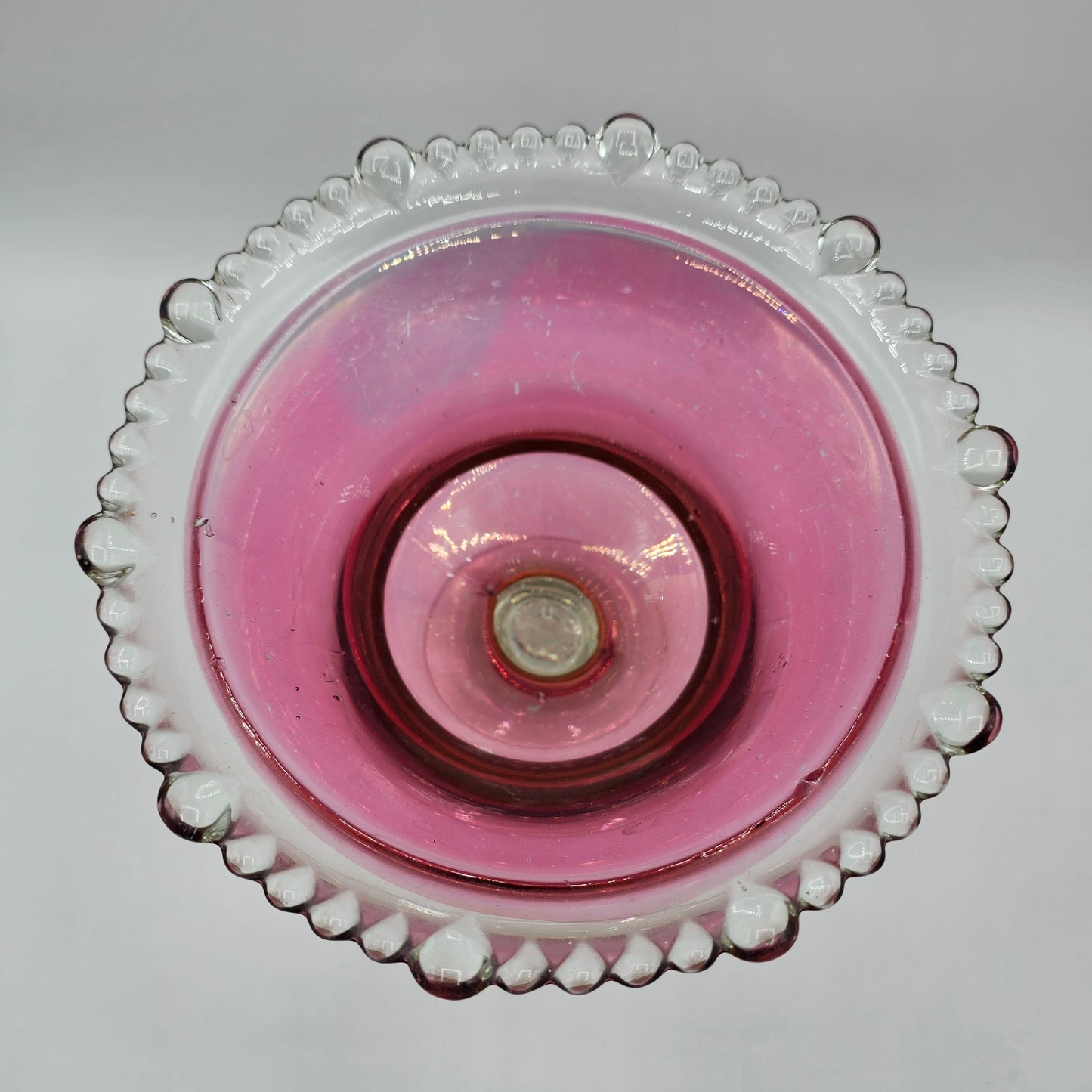 Vintage Cranberry Red Painted Glass Pedestal Candy Bowl with Beaded Rim (some wear to paint)