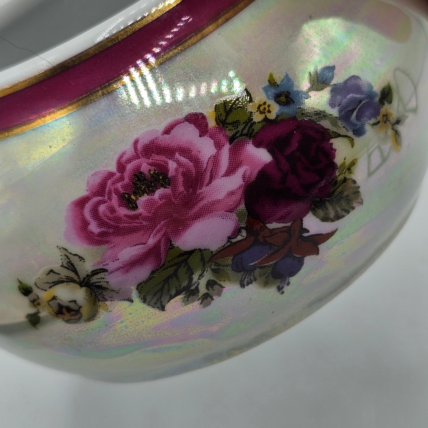 Vintage "Las Vegas" Iridescent Trinket Dish with Transferware Roses - Souvenir