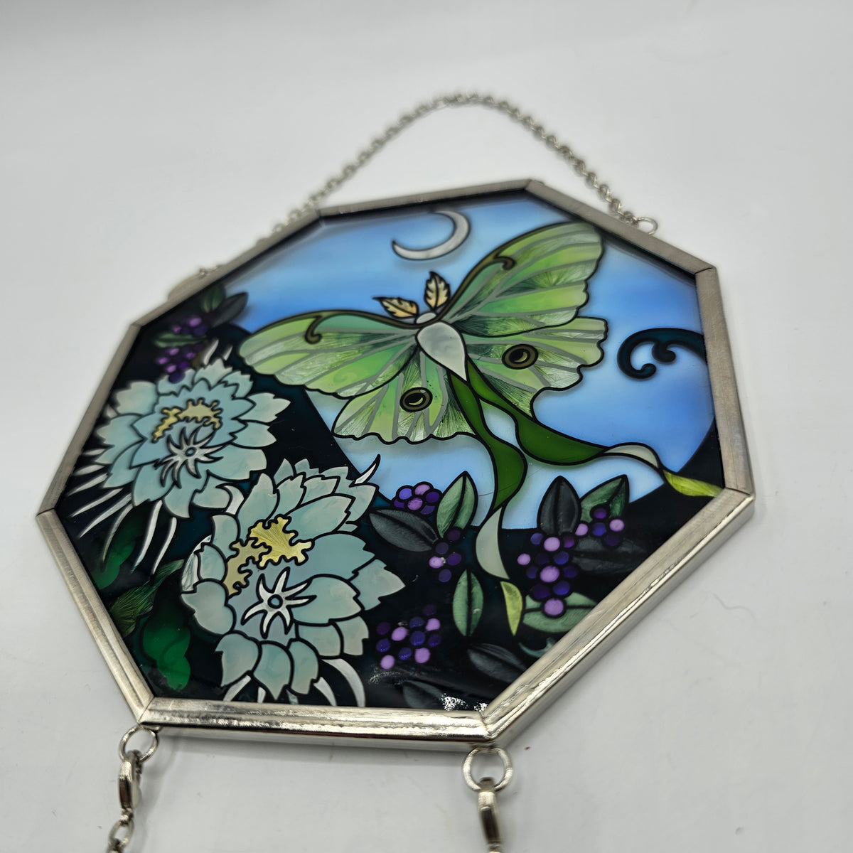 Amia Handpainted Glass Lunar Moth Suncatcher with Chain for Hanging