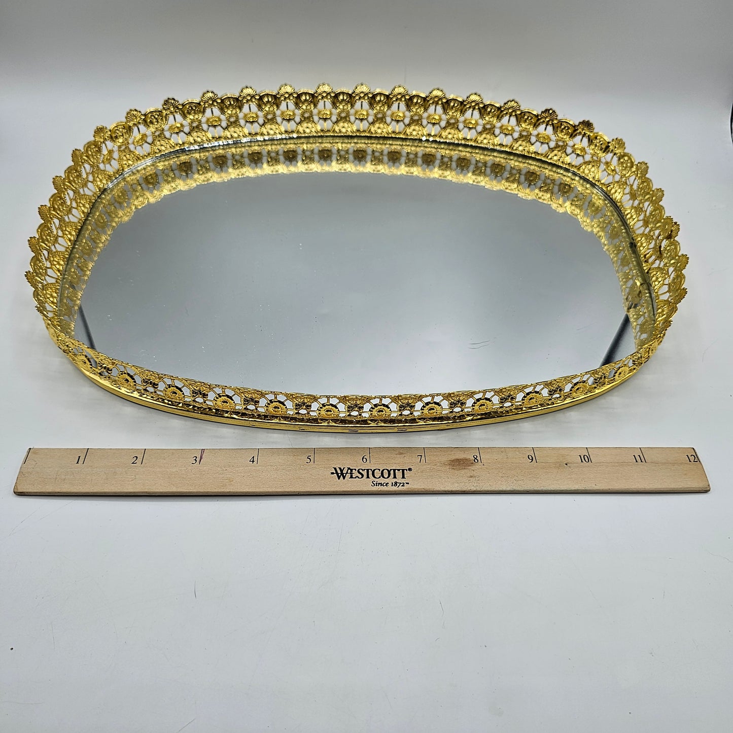 Gold Tone Filigree Mirrored Vanity Tray