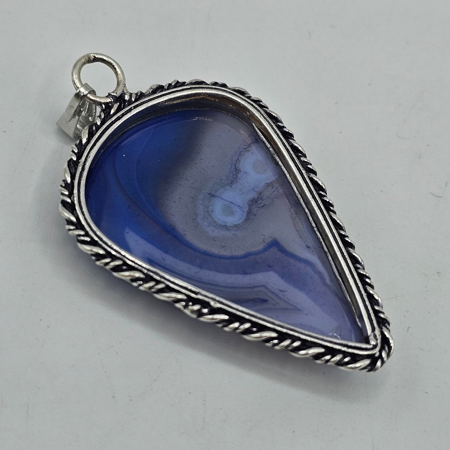 Teardrop Blue Banded Agate Pendant with Silver Setting