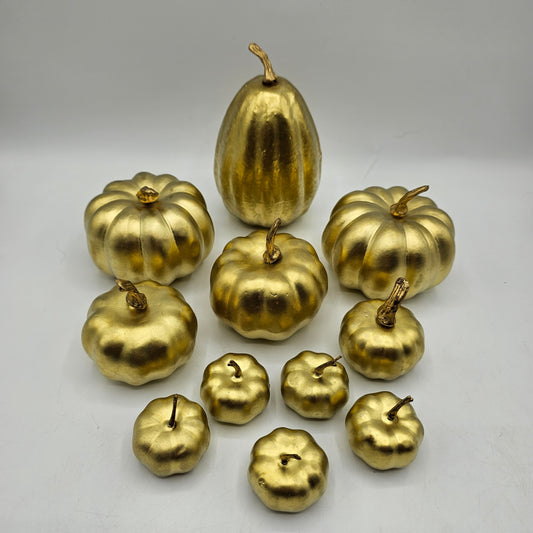 Gold Plastic Decorative Pumpkins / Vase Filler - Set of 11 Assorted Sizes