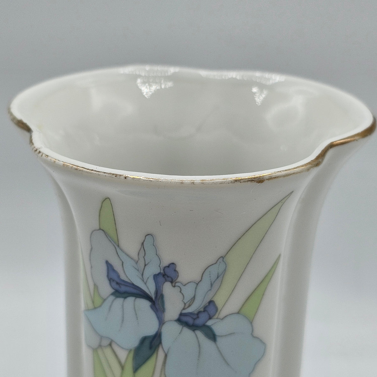 Vintage Porcelain Bud Vase with Blue Iris Flowers by Fuji of Japan (wear to gold as noted)