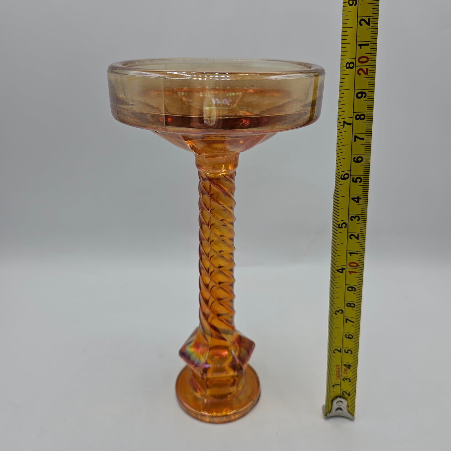 Vintage Iridescent Marigold Carnival Glass Candlestick with Wide Base (damage noted)