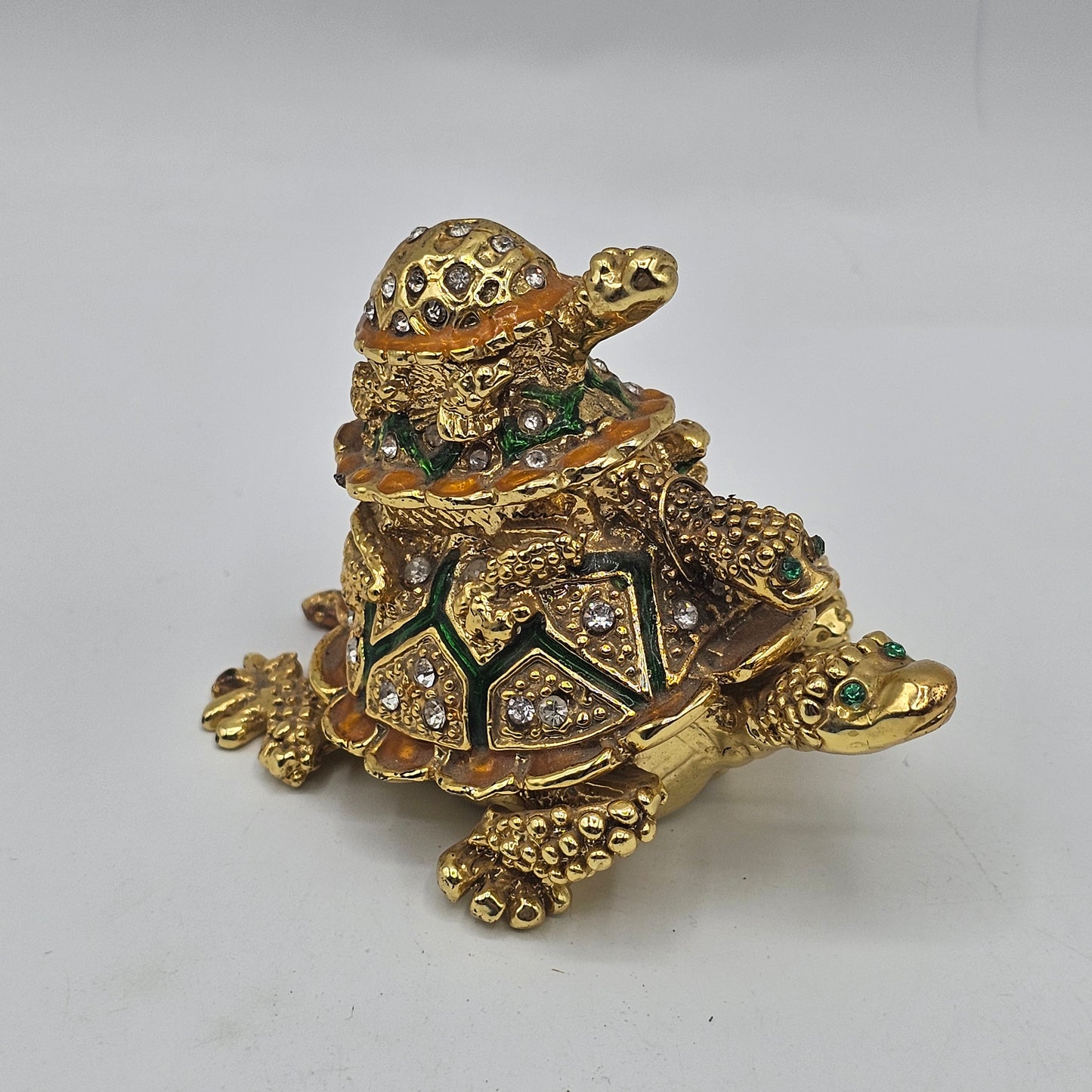 Bejewelled Stacked Tortoise or Turtle Hinged Trinket Box - Gold Tone with Crystals