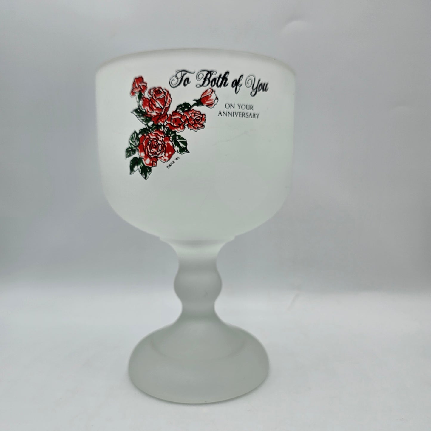 Tiara Vintage Frosted Glass Pedestal Candy Dish with Rose Transferware - 1985