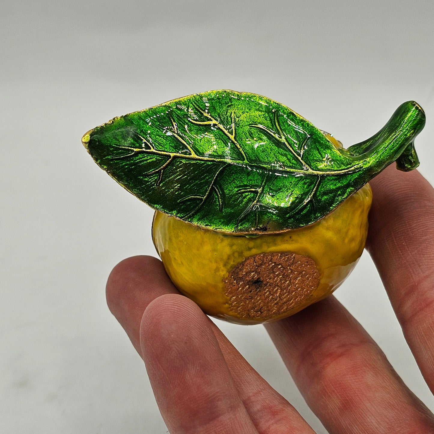Lemon Enameled Metal Trinket Box with Hinged Lid