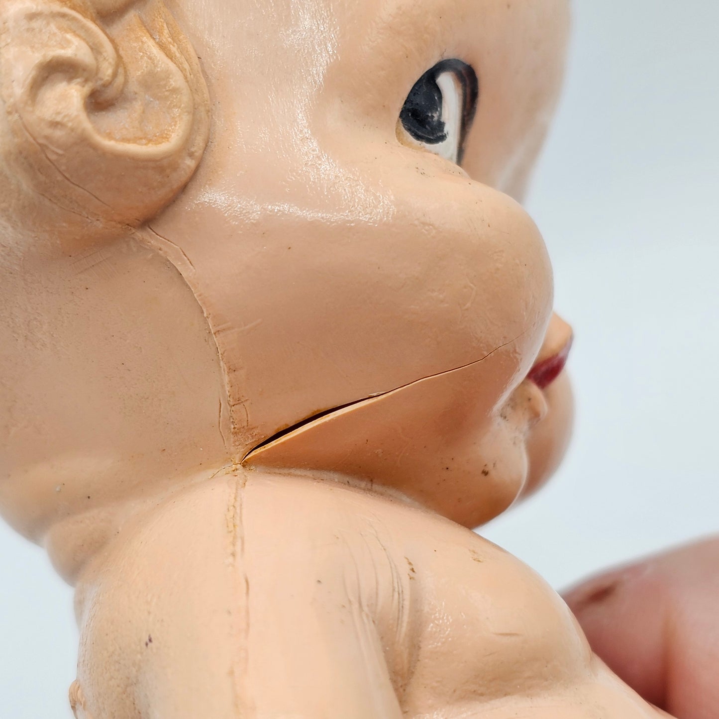 Vintage 1940's Kewpie Style Celluloid Rattle Baby Doll - Rare Yellow Outfit - Made in USA by Irwin (damage noted)
