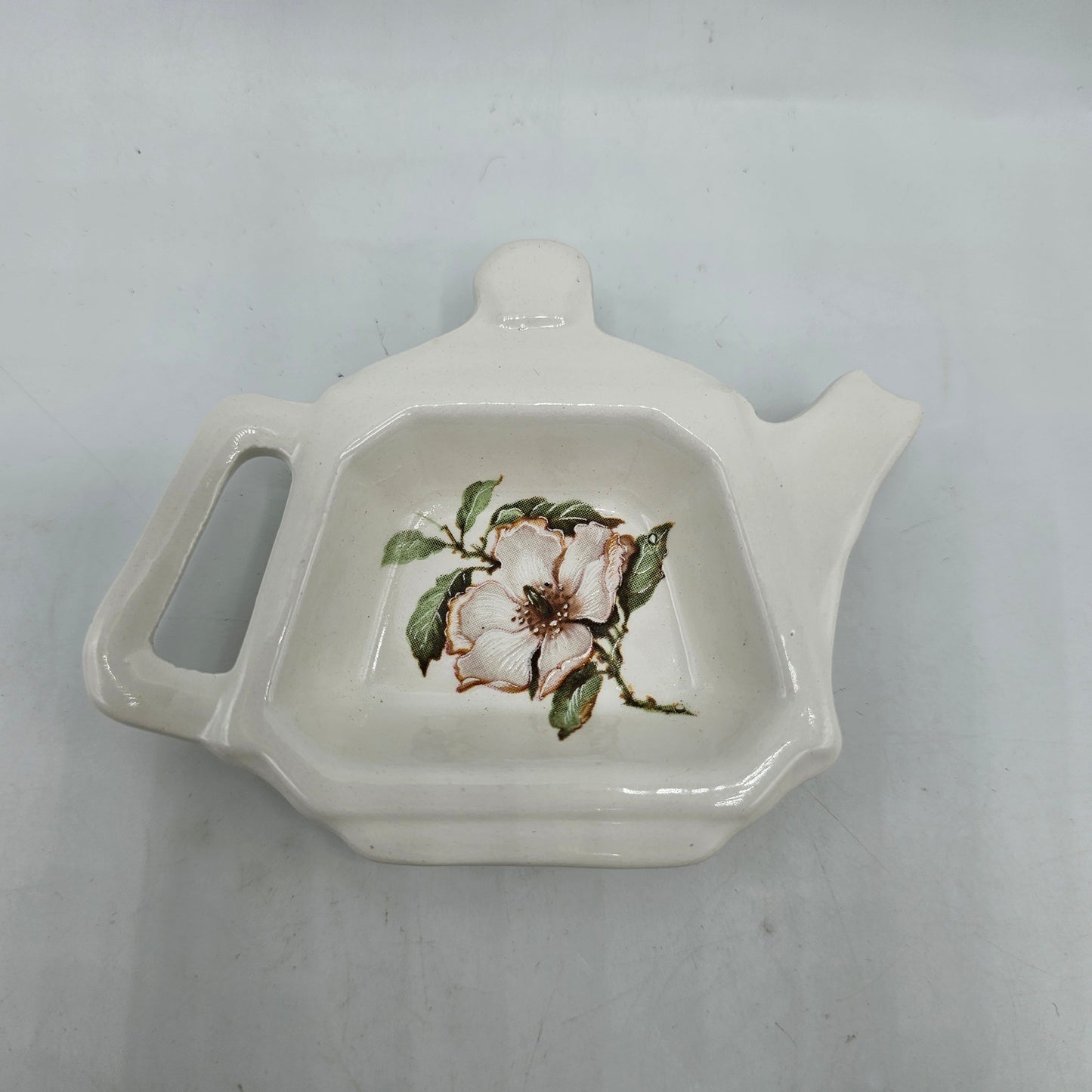Ceramic Teapot Shaped Spoon Rest / Tea Bag Holder with Transferware Dogwood Flower - Plain Finish