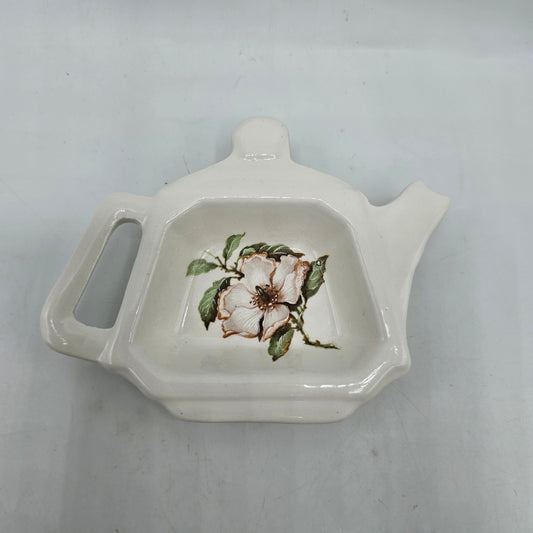 Ceramic Teapot Shaped Spoon Rest / Tea Bag Holder with Transferware Dogwood Flower - Plain Finish