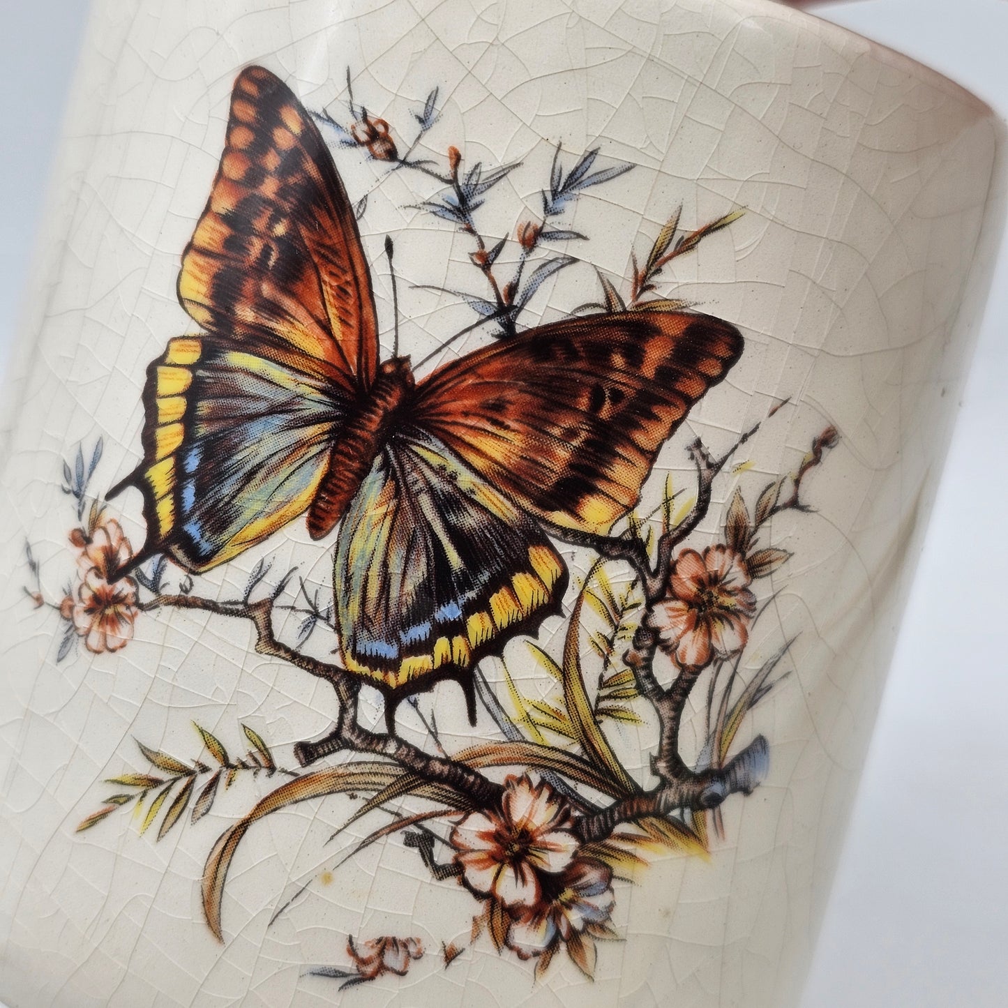 Vintage Crazed Ceramic Bulb Forcer with Transferware Butterfly