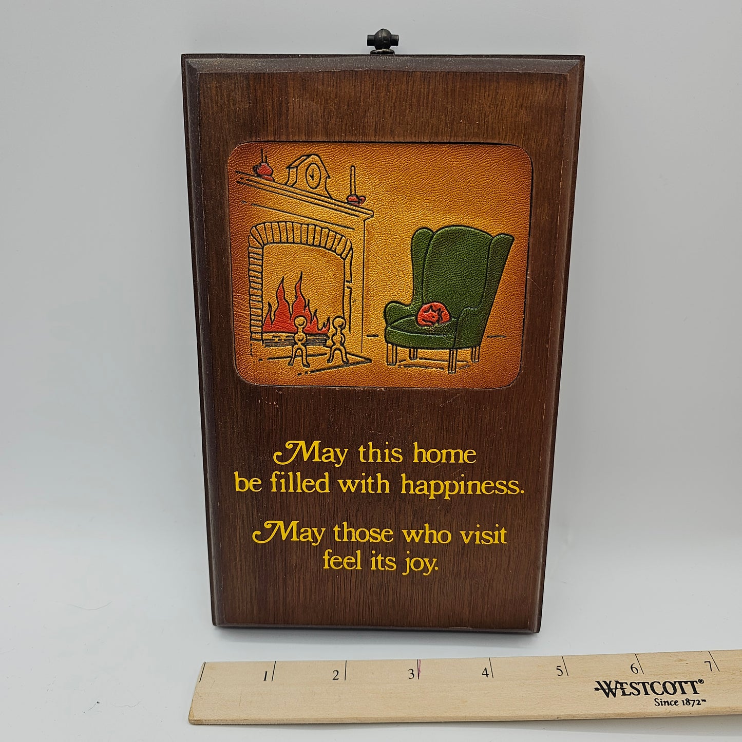 Vintage Inlaid Leather and Wood Wall Plaque